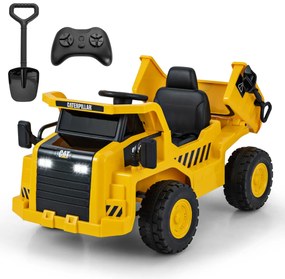 Costway Caterpillar cavalcabile per bambini dump truck, Veicolo da costruzione elettrico da 12v con cassone basculante Giallo