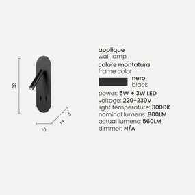 Applique LED 10 cm in metallo Nero retroilluminato con faretto orientabile PLATE