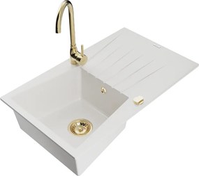 Mexen Cesar lavello da cucina in granito 1-vasca con sgocciolatoio e rubinetto da cucina Telma, bianco - 6514-20-670200-50