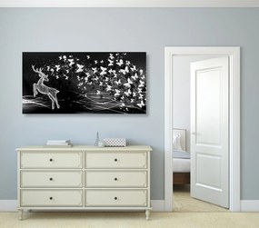 Quadro su tela – Splendido cervo con farfalle in bianco e nero