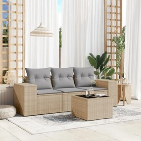 Set Divano da Giardino 4 pz con Cuscini Beige in Polyrattan