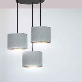 Lampadario Tondo 3 Luci Ganesha In Acciaio Nero E Paralumi In Tessuto Grigio