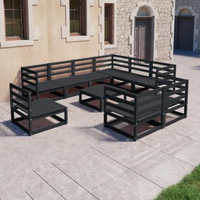 Set Divani da Giardino 10 pz Nero in Legno Massello di Pino