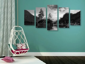 Quadri 5 pezzi – Paesaggio montano in bianco e nero al lago