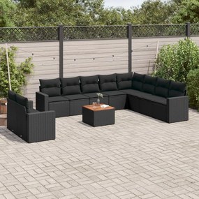 Set divani da giardino 11 pz con cuscini in polyrattan nero