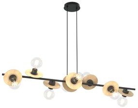 Lampadario 8 Luci Eos In Acciaio Nero E Legno Con Barra E Diffusori A Piatti
