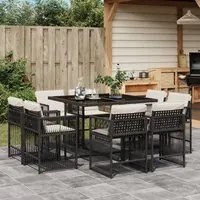 Set da Pranzo da Giardino 9 pz con Cuscini Nero in Polyrattan 3211734