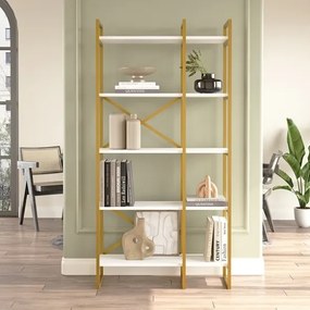 Libreria 88x30x175 Cm 5 Ripiani Oro E Bianco Doppio Modulo Decus