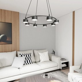 Lampadario Moderno 8 Luci Odin In Acciaio Nero Ad Anello E Cilindri