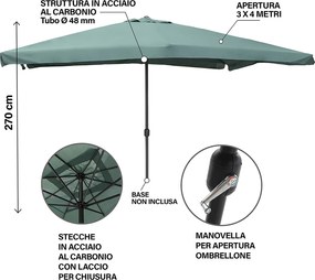 Ombrellone da Giardino 3x4 m Copertura in Poliestere Struttura in Acciaio Verde Cuba...