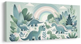 Quadro su tela – Paesaggio di dinosauri sotto arcobaleno pastello