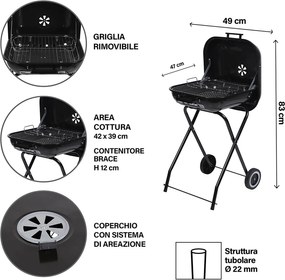 Barbecue a Carbone Carbonella 49x47x83 cm con Coperchio e Ruote in Acciaio Nero...
