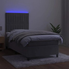 Letto a molle materasso e led grigio chiaro 90x200 cm velluto