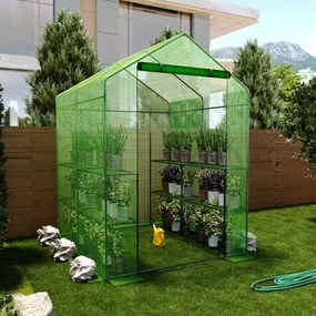 Serra Da Giardino Con 8 Scaffali Ripiani Per Piante Orto Telaio In Acciaio Verniciato Telo In PE Verde Porta Avvolgibile Apertura A Cerniera Protezione Piante Giardinaggio Design 143 x 138 x 190 Cm