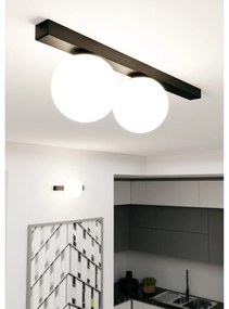 Plafoniera Moderna 2 Luci Giapeto Barra In Acciaio Nero E Sfere Di Vetro Opale