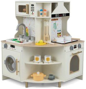 Costway Cucina giocattolo per bambini set angolare legno con rubinetto e lavandino, Cucina giocattolo microonde e lavastoviglie Beige