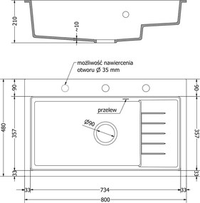 Mexen Omar lavello in granito a 1 vasca 800 x 480 mm, beige, sifone dorato - 6520801005-69-G
