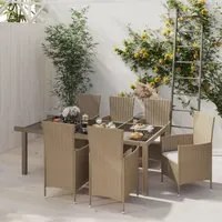 Set Mobili da Pranzo Giardino 7 pz con Cuscini Polyrattan Beige