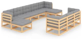 Set Divani da Giardino 10 pz con Cuscini Legno Massello di Pino