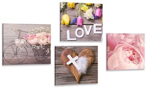 Set di quadri – Natura morta di fiori con croce e scritta Love