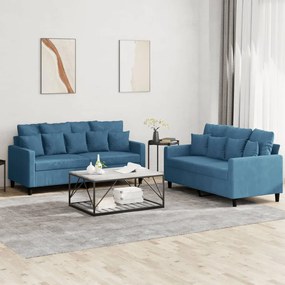 Set Di Divani 2 Pz Con Cuscini Blu İn Velluto /