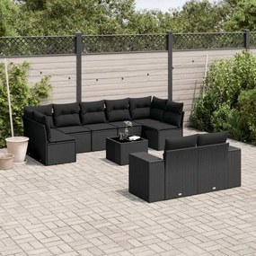 Set divani da giardino 10pz con cuscini in polyrattan nero