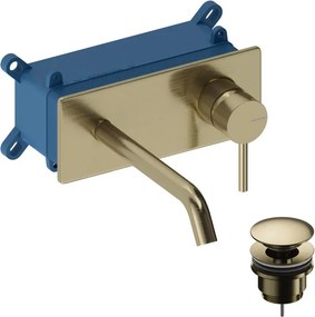 Rubinetto per lavabo Loop monocomando a parete per lavabo bocca 18cm + corpo incasso + piletta di scarico + placa rettangolare brushed gold