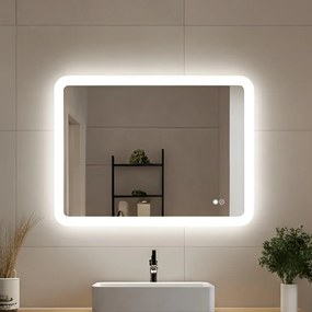 Specchio da bagno arrotondato con illuminazione LED 80x60\100x70\120x70\60x80\70x100\70x120 cm, bicolore, interruttore touch, tappetino riscaldante