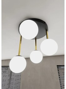 Plafoniera Contemporanea 4 Luci Teseo In Acciaio Nero Oro E Sfere Vetro Bianco
