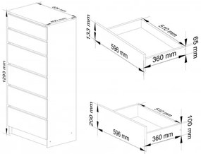 Cassettiera Moderna 60x40x130 Cm 6 Cassetti Bianco Opaco Artika