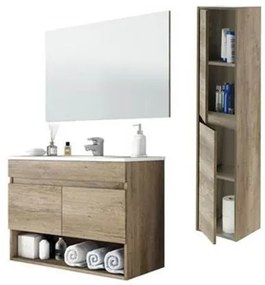 Mobile bagno sospeso 80 cm con colonna, lavabo e specchio rovere - Dakota 96250