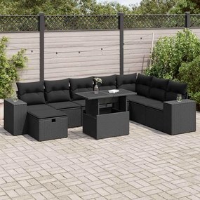 Set divani da giardino 9 pz con cuscini nero in polyrattan
