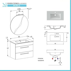 Mobile bagno sospeso 80 cm Smart bianco legno/lava con specchio