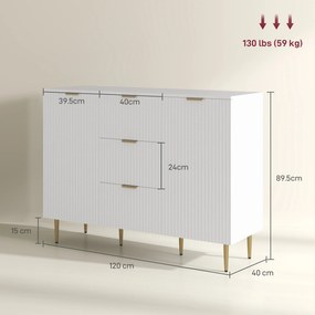 Credenza Moderna 120x40x89,5 cm con 3 Cassetti e 2 Armadietti in Legno e Metallo Bianco...