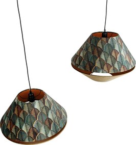 Lampada a sospensione nera con doppio paralume in velluto con motivo a foglie e beige a 2 luci - Cava Luxe