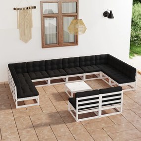 Set divani da giardino 13pz con cuscini massello di pino bianco