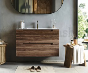 Mobile bagno noce 80x45 Mango due cassetti soft close effetto legno con lavabo in ceramica lucida