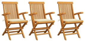 Sedie da Giardino con Cuscini Crema 3 pz Massello di Teak 3062516