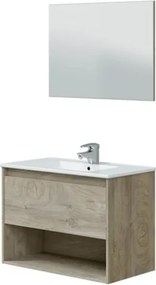 Mobile Bagno Sospeso 80 cm Con Lavabo Specchio Vano Giorno E Cassettone Rovere Alaska VAN