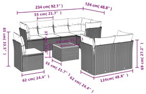 Set divano da giardino 9 pz con cuscini grigio in polyrattan