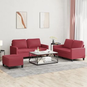 Set Di Divani 3 Pz Con Cuscini Rosso Vino İn Similpelle /
