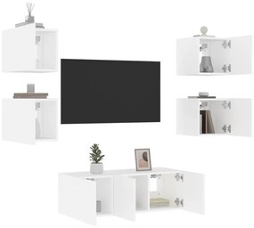 Mobili Tv A Muro Con Led 6pz Bianchi İn Legno Multistrato /