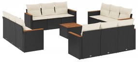 Set divani da giardino 13pz con cuscini nero in polyrattan