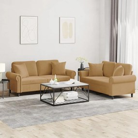 Set Di Divani 2 Pz Con Cuscini Marrone İn Velluto /