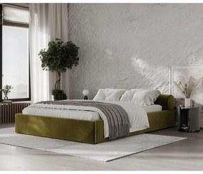 Letto matrimoniale imbottito verde scuro con contenitore e rete inclusi 160x200 cm Solvo – Maison de Rêve