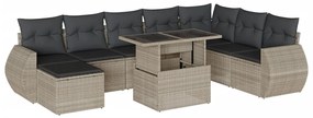 Set divano da giardino 9pz con cuscini grigio chiaro polyrattan