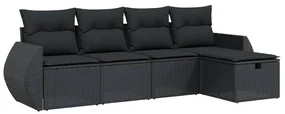 Set divani da giardino 5 pz con cuscini in polyrattan nero