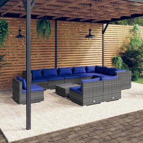 Set Divani da Giardino 11 pz con Cuscini in Polyrattan Grigio