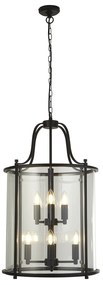 Lampadario Industrial Lantern Acciaio Nero Vetro Trasparente 8 Luci E14