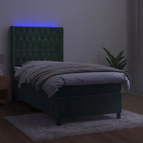 Letto a molle con materasso e led verde scuro 80x200cm velluto